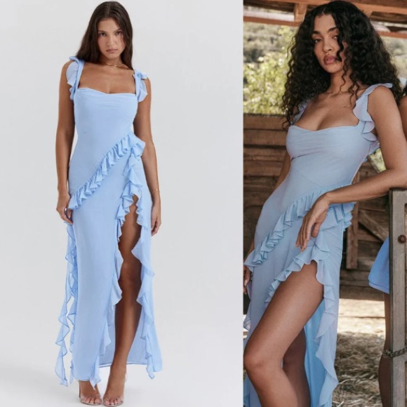House Of Cb 'Ariela' Soft Blue Ruffle Maxi Dress Nwot